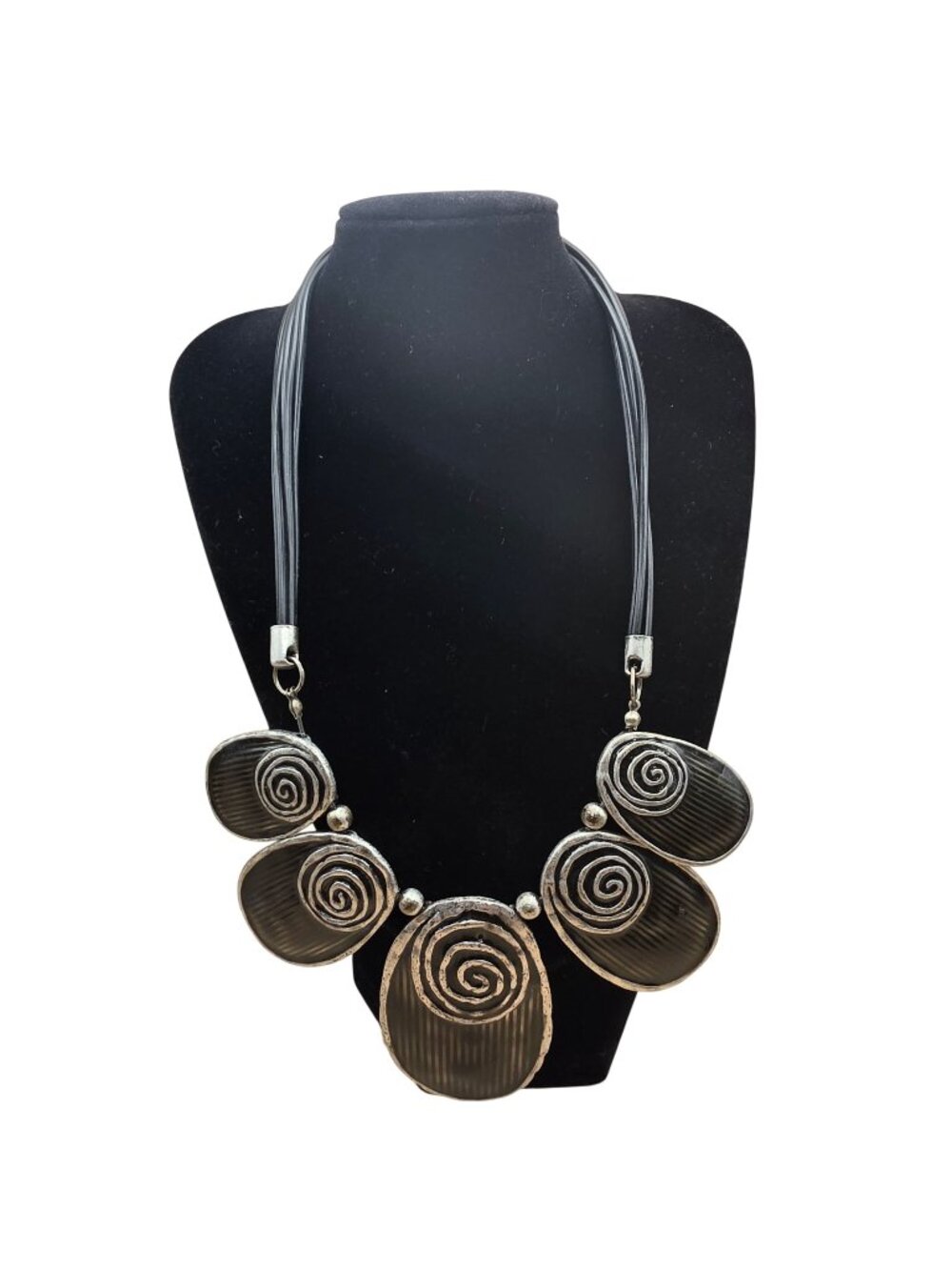 Silver Tone Statement Bib Necklace Spiral Disc Black Leather Cord Boho Tribal